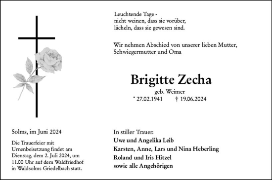 Traueranzeige von Brigitte Zecha von Wetzlarer Neue Zeitung