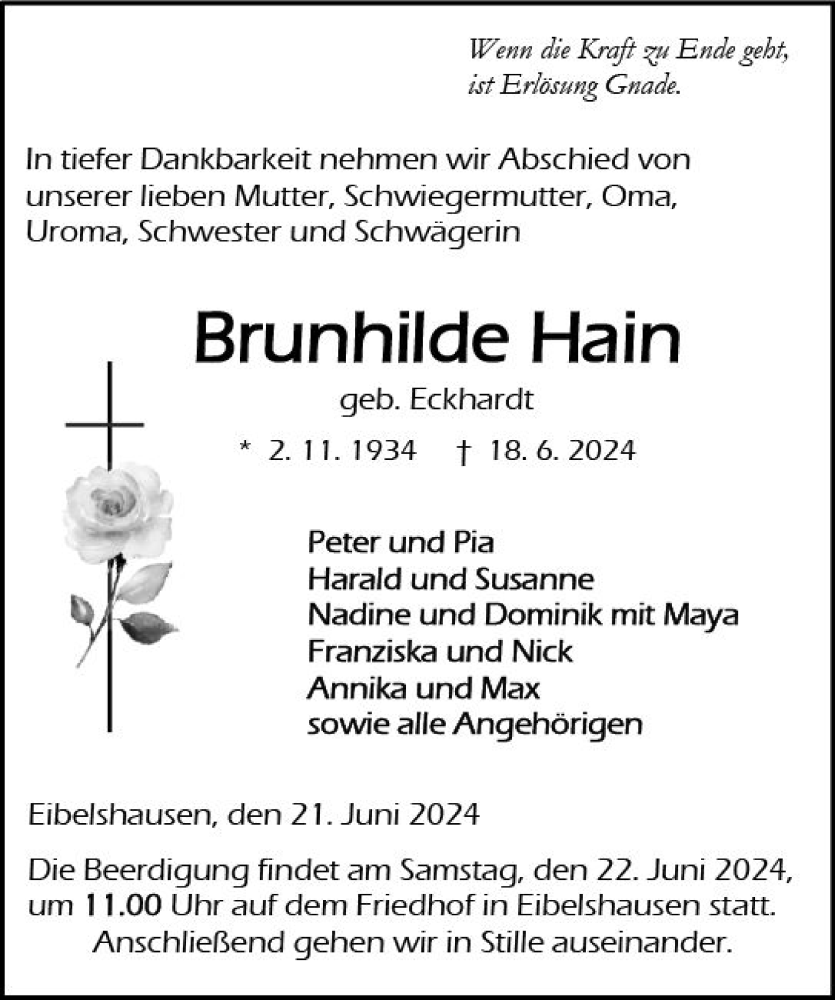  Traueranzeige für Brunhilde Hain vom 21.06.2024 aus Dill Block