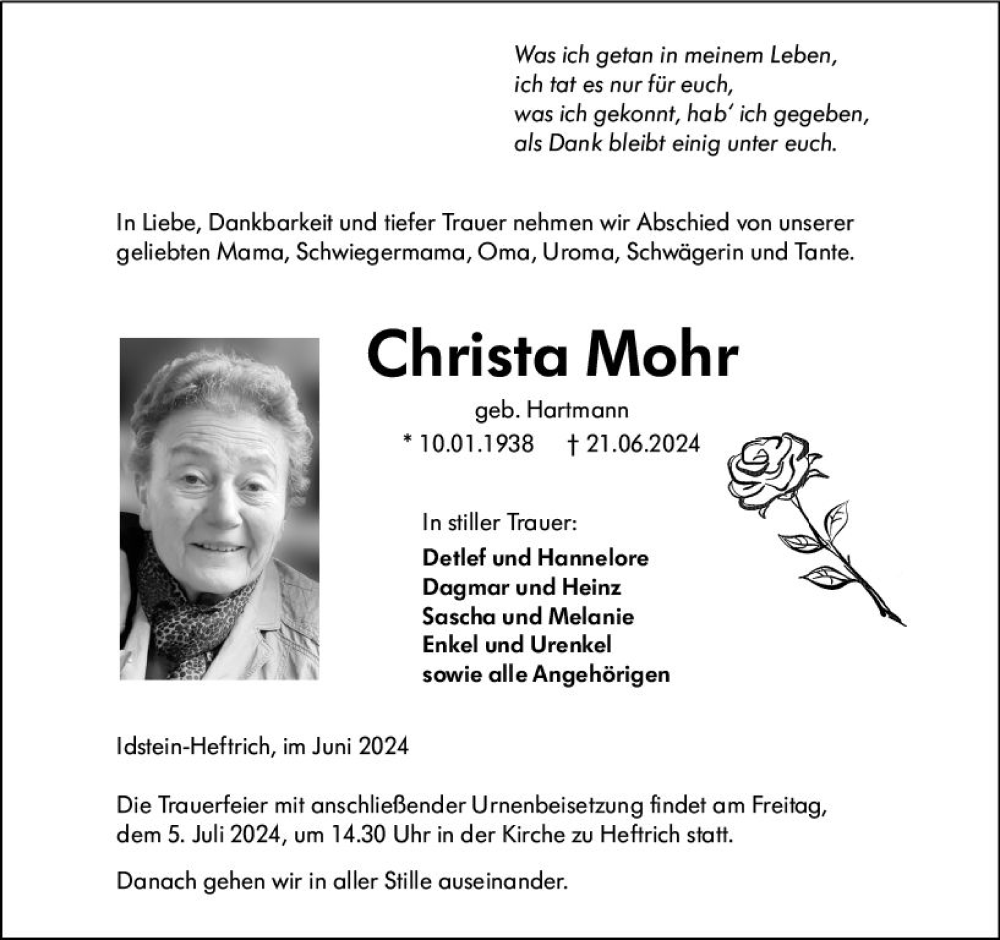  Traueranzeige für Christa Mohr vom 29.06.2024 aus Idsteiner Land/Untertaunus