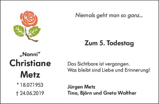 Traueranzeige von Christiane Metz von Nassauische Neue Presse