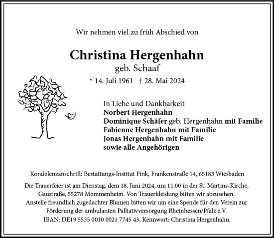 Traueranzeige von Christina Hergenhahn von Wiesbadener Kurier