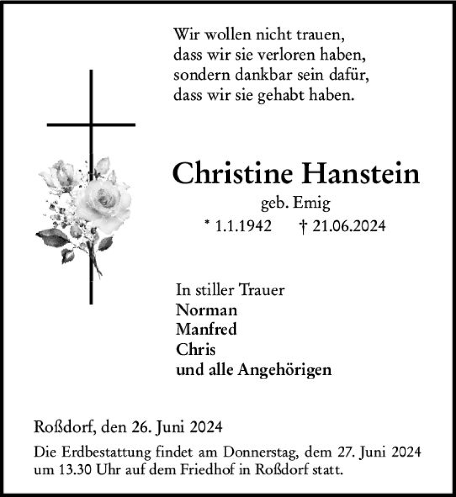  Traueranzeige für Christine Hanstein vom 26.06.2024 aus Darmstädter Echo