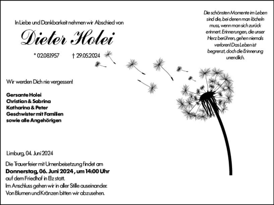 Traueranzeige von Dieter Holei von Nassauische Neue Presse