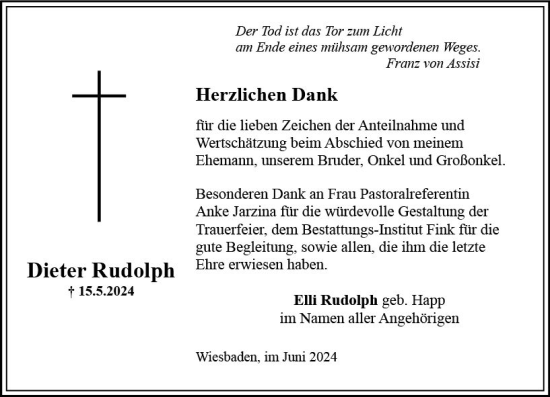 Traueranzeige von Dieter Rudolph von Wiesbadener Kurier