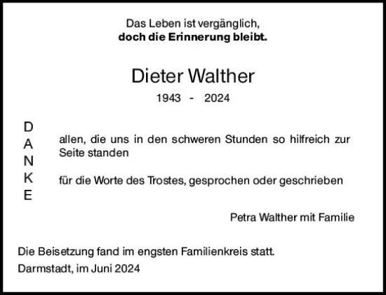 Traueranzeige von Dieter Walther von Darmstädter Echo