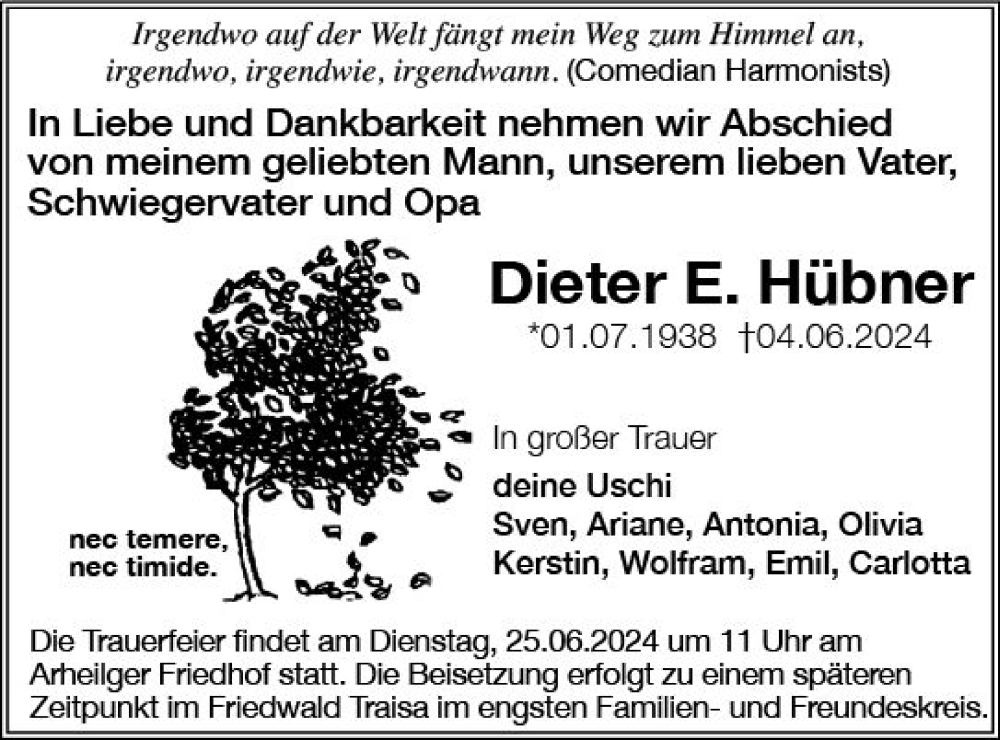  Traueranzeige für Dieter E. Hübner vom 15.06.2024 aus Darmstädter Echo