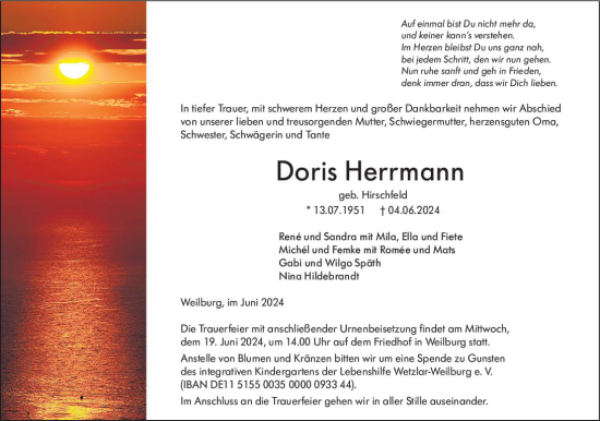 Traueranzeige von Doris Herrmann von Weilburger Tageblatt