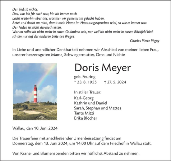 Traueranzeige von Doris Meyer von Hinterländer Anzeiger