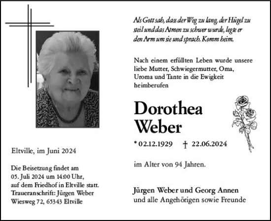 Traueranzeige von Dorothea Weber von Wiesbadener Kurier