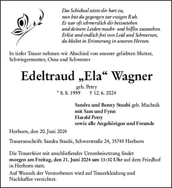 Traueranzeige von Edeltraud Wagner von Dill Block