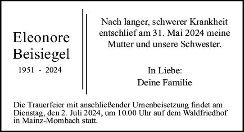  Traueranzeige für Eleonore Beisiegel vom 22.06.2024 aus Allgemeine Zeitung Mainz