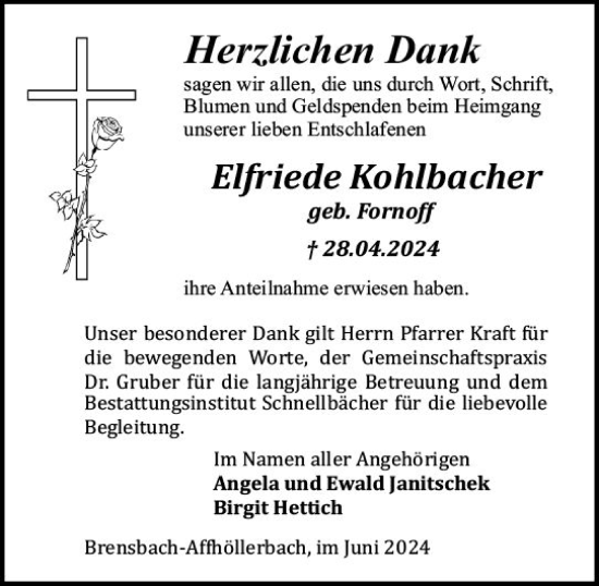Traueranzeige von Elfriede Kohlbacher von Odenwälder Echo
