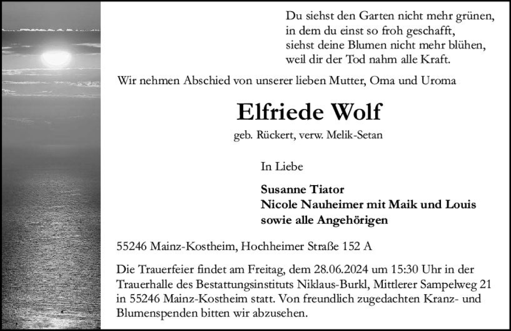  Traueranzeige für Elfriede Wolf vom 15.06.2024 aus Allgemeine Zeitung Mainz