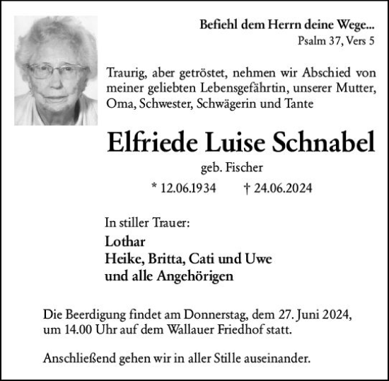 Traueranzeige von Elfriede Luise Schnabel von Hinterländer Anzeiger