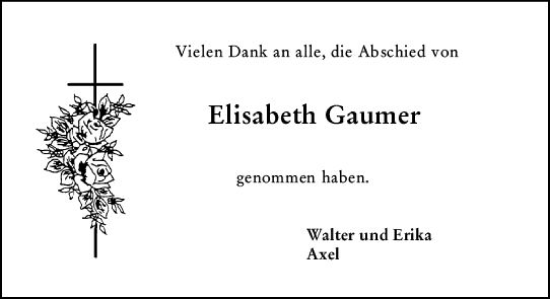 Traueranzeige von Elisabeth Gaumer von Hochheimer Zeitung
