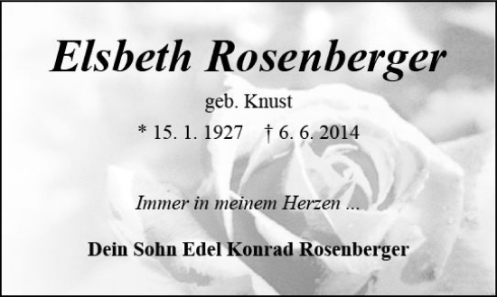 Traueranzeige von Elsbeth Rosenberger von Odenwälder Echo