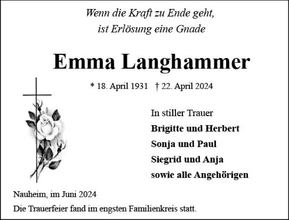  Traueranzeige für Emma Langhammer vom 08.06.2024 aus Groß-Gerauer Echo