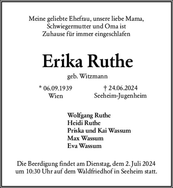 Traueranzeige von Erika Ruthe von Darmstädter Echo
