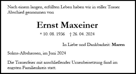 Traueranzeige von Ernst Maxeiner von Wetzlarer Neue Zeitung