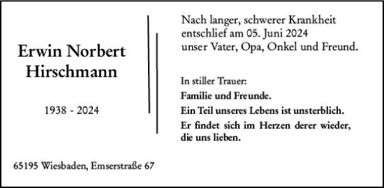 Traueranzeige von Erwin Hirschmann von Wiesbadener Kurier