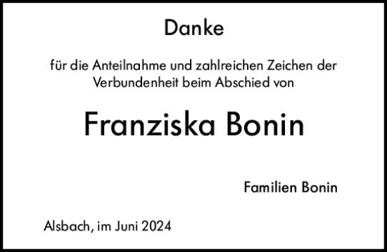 Traueranzeige von Franziska Bonin von Darmstädter Echo