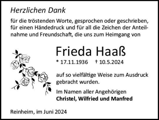 Traueranzeige von Frieda Haaß von Darmstädter Echo