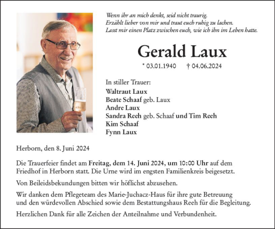 Traueranzeige von Gerald Laux von Dill Block
