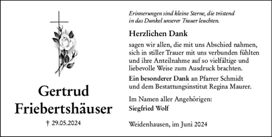 Traueranzeige von Gertrud Friebertshausen von Hinterländer Anzeiger