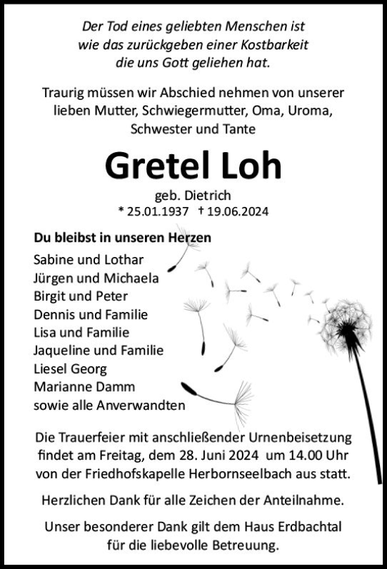 Traueranzeige von Gretel Loh von Dill Block