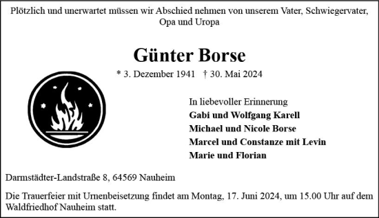 Traueranzeige von Günter Borse von Rüsselsheimer Echo