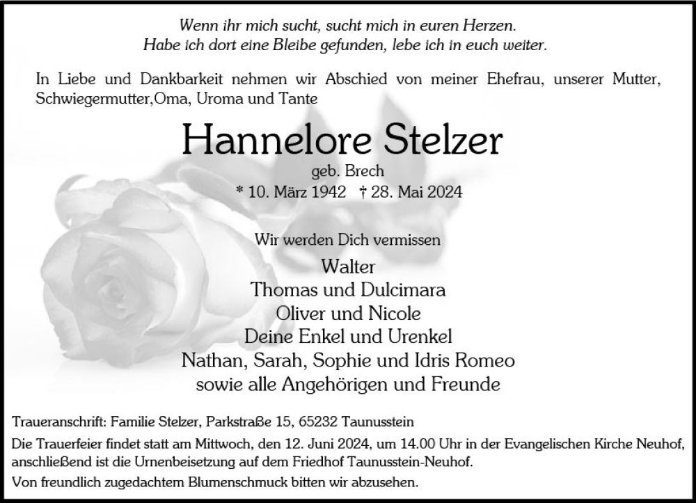  Traueranzeige für Hannelore Stelzer vom 08.06.2024 aus Wiesbadener Kurier