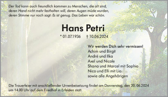 Traueranzeige von Hans Petri von Groß-Gerauer Echo