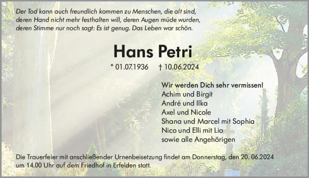  Traueranzeige für Hans Petri vom 15.06.2024 aus Groß-Gerauer Echo