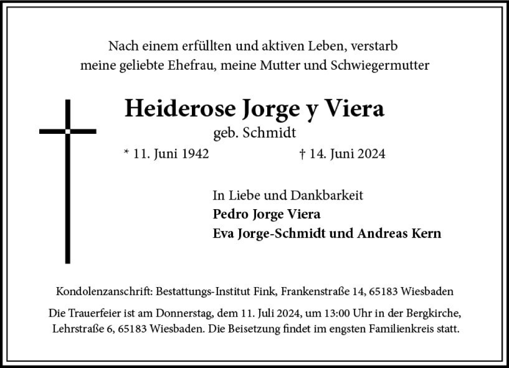  Traueranzeige für Heiderose Jorge y Viera vom 29.06.2024 aus Wiesbadener Kurier