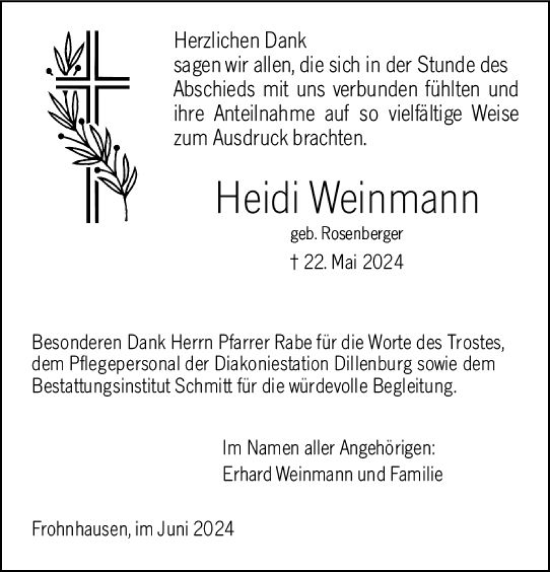 Traueranzeige von Heidi Weinmann von Dill Block