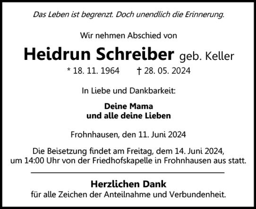  Traueranzeige für Heidrun Schreiber vom 11.06.2024 aus Dill Block