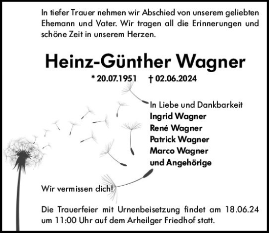 Traueranzeige von Heinz-Günther Wagner von Darmstädter Echo