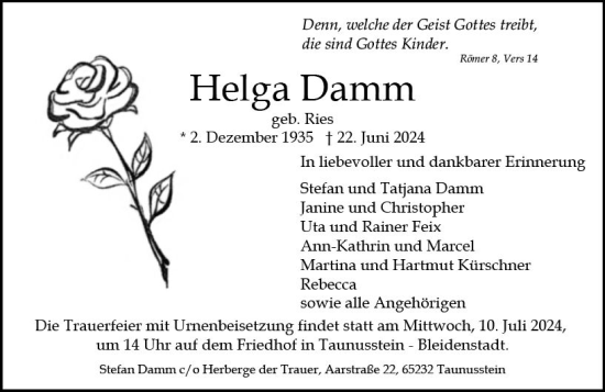 Traueranzeige von Helga Damm von Wiesbadener Kurier