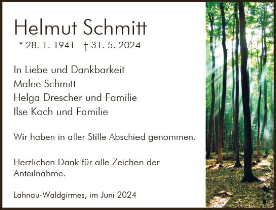 Traueranzeige von Helmut Schmitt von Wetzlarer Neue Zeitung