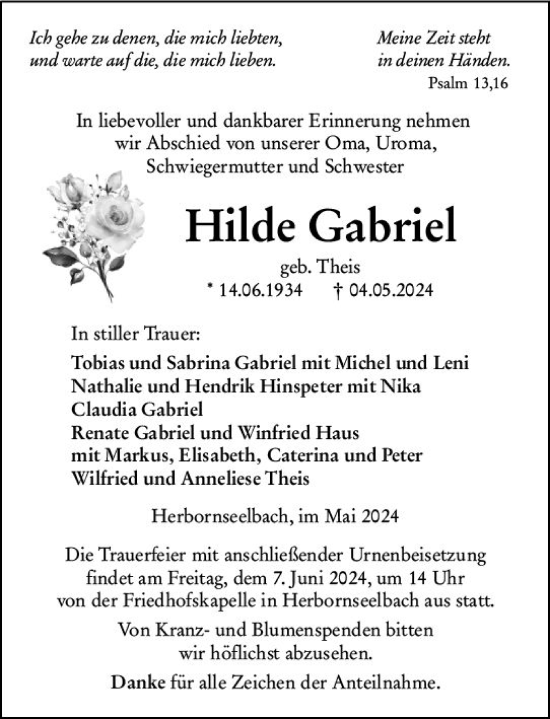 Traueranzeige von Hilde Gabriel von Dill Block