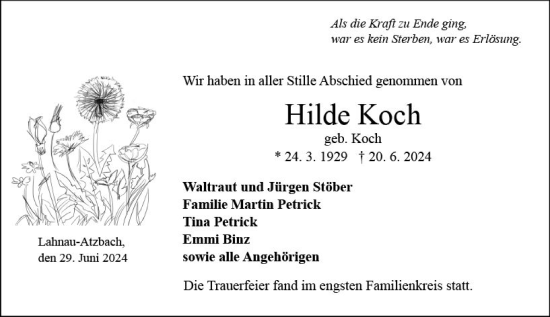 Traueranzeige von Hilde Koch von Wetzlarer Neue Zeitung