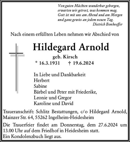 Traueranzeige von Hildegard Arnold von Allgemeine Zeitung Bingen/Ingelheim