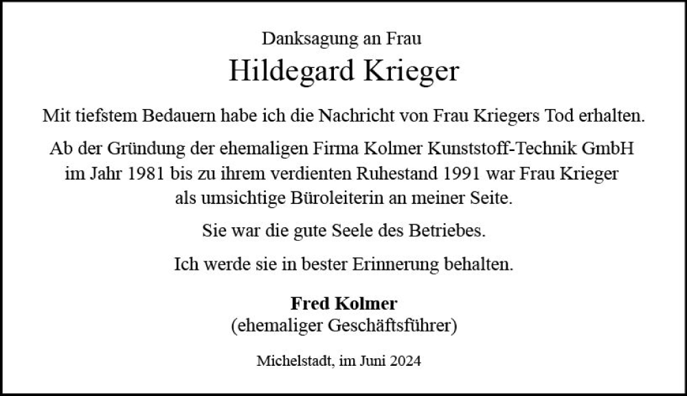  Traueranzeige für Hildegard Krieger vom 22.06.2024 aus Odenwälder Echo