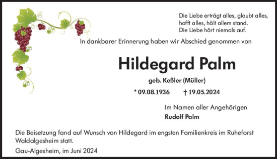 Traueranzeige von Hildegard Palm von Allgemeine Zeitung Bingen/Ingelheim