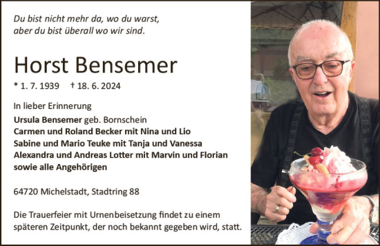 Traueranzeige von Horst Bensemer von Darmstädter Echo