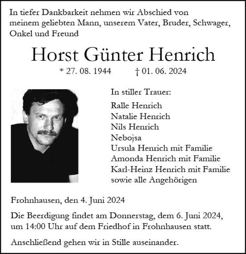  Traueranzeige für Horst Günter Henrich vom 04.06.2024 aus Dill Block
