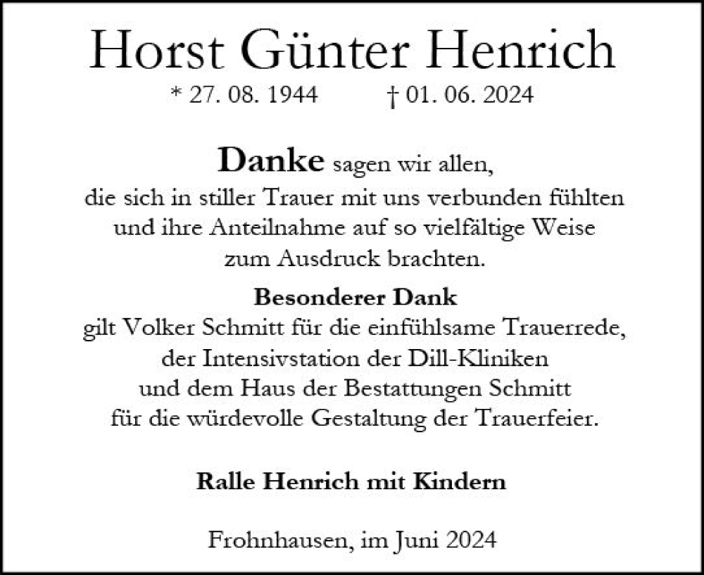 Traueranzeige für Horst Günter Henrich vom 29.06.2024 aus Dill Block