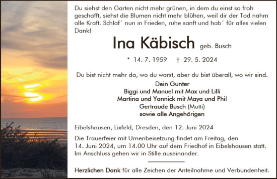 Traueranzeige von Ina Käbisch von Hinterländer Anzeiger
