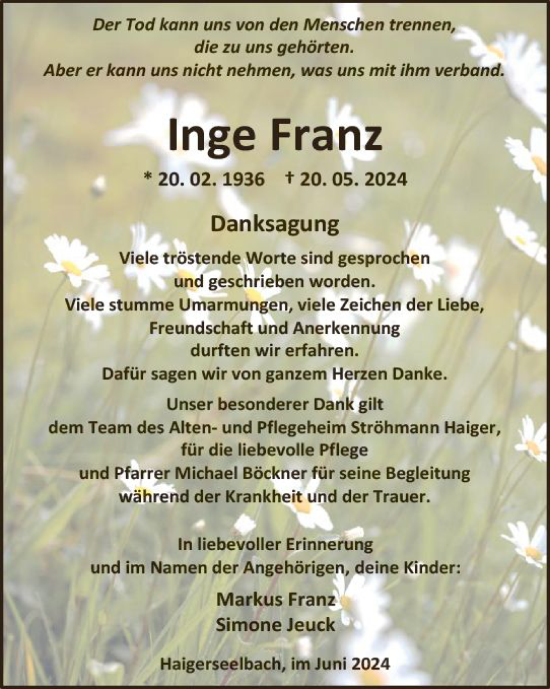 Traueranzeige von Inge Franz von Dill Block