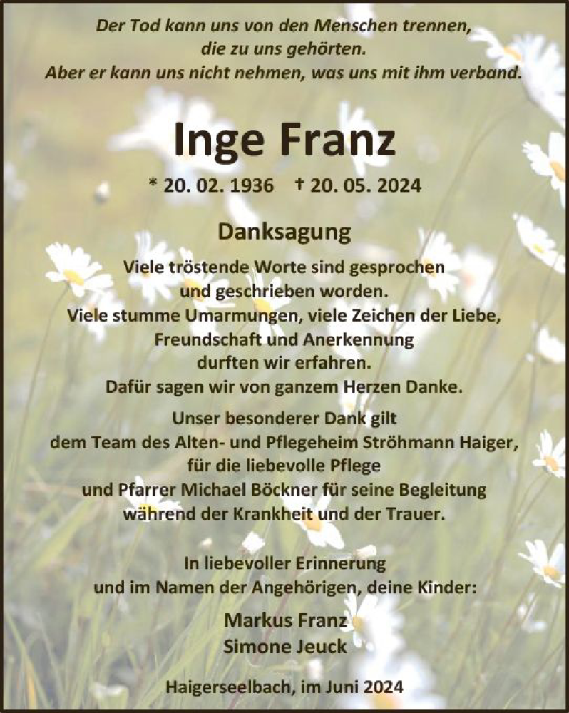  Traueranzeige für Inge Franz vom 29.06.2024 aus Dill Block